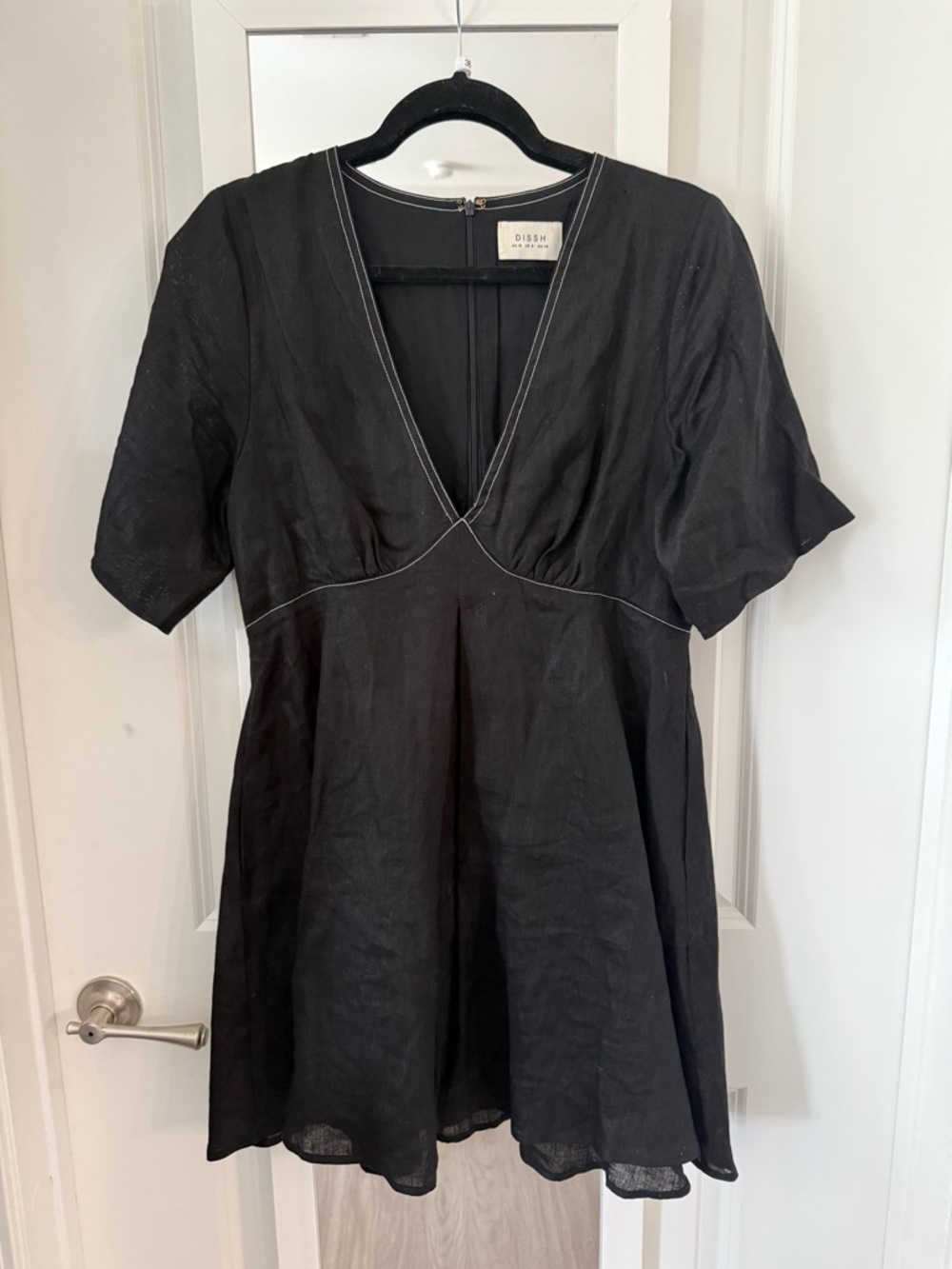 DISSH Black Linen Mini Dress V-Neck Short Sleeve Flowy Size US 6 - Picture 2 of 5